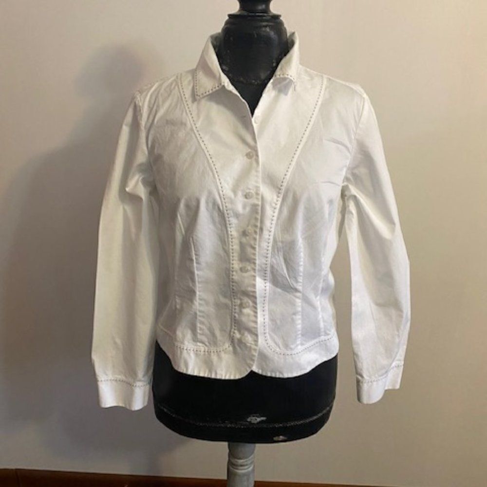 Talbots White button-down with Black stitching  short jacket, size 14P